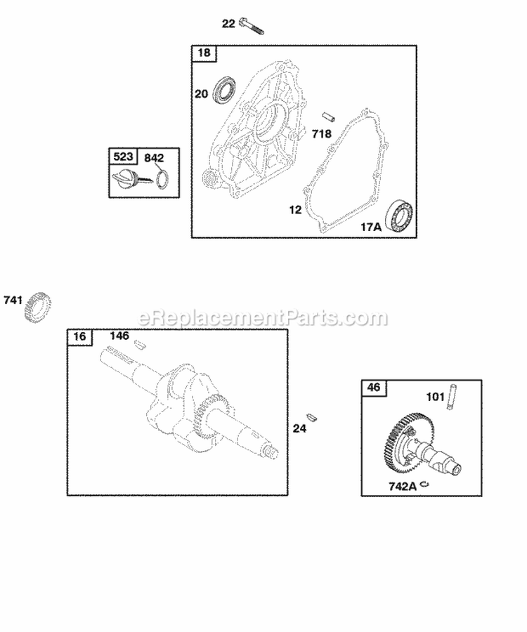 Camshaft Crankcase Cover Crankshaft Diagram and Parts List for 118436-0115-B1  Briggs and Stratton Engine